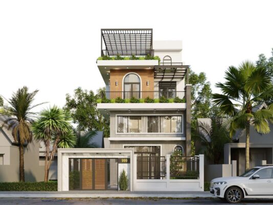 Nhà phố 3 tầng hiện đại có sân thượng xanh