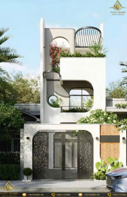 Ấn tượng mẫu nhà ống 2 tầng hiện đại mặt tiền bo cong uốn lượn nghệ thuật