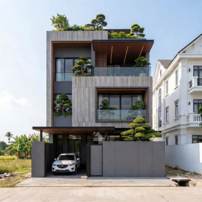 Ấn tượng mẫu kiến trúc nhà phố 3 tầng hiện đại kết hợp cây xanh độc đáo